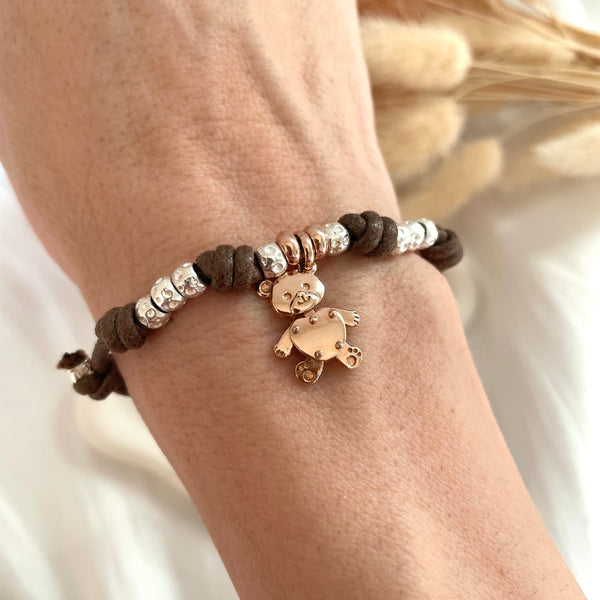 B105 Bracciale orsetto Bubi con Cordino Cerato e granelli