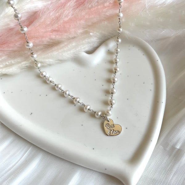 CL0173 Collana rosario in argento con perle di fiume e cuore best mom