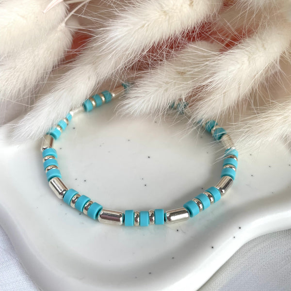 B090 Bracciale cilindri e rondelle in argento + rondelle turchesi