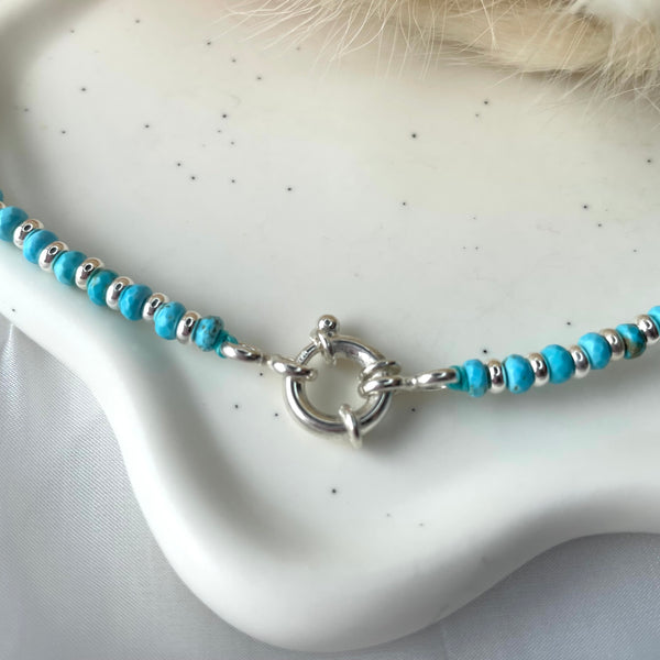 CL084 Collana con rondelle di turchese e argento con a scelta moschettone salvagente per inserire i ciondoli