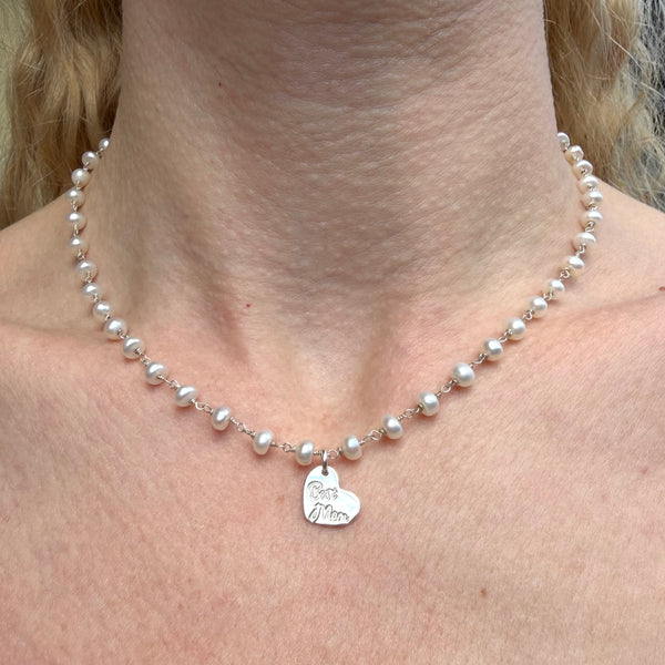 CL0173 Collana rosario in argento con perle di fiume e cuore best mom
