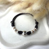 B0101 Bracciale con cordino cerato 4 nodi, granelli nuovi e intrecci rosati + pepitone al centro