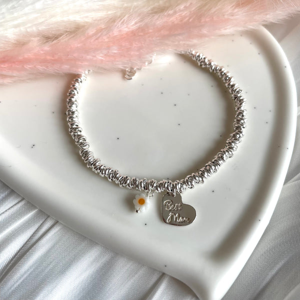 B0266 Bracciale con nodini, ciondolo cuore Best Mom e margheritina pendenti