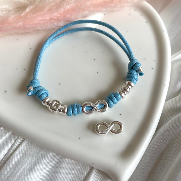 B0262 Bracciale in cordino cerato con simbolo infinto con incisione “per sempre mamma”, con o senza iniziali e rondelle
