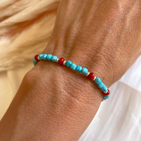 B0294 Bracciale con cubetto aulite, e rondella corallo e argento