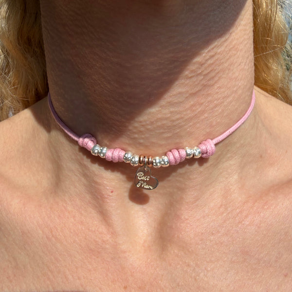 CL0172 Collana con cordino cerato con granelli e cuore pendente best mom
