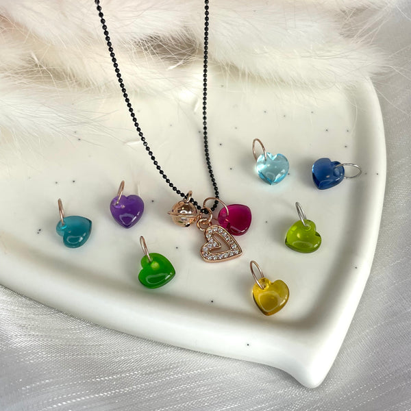 CL058 Burnished Diamond Ball Necklace with Bell, Zirconia Heart and Hydrothermal Heart