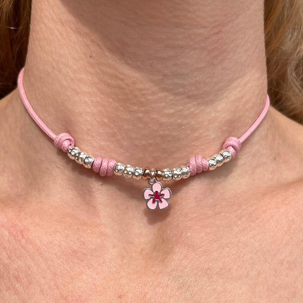 CL066 Necklace with waxed cord and enameled flower