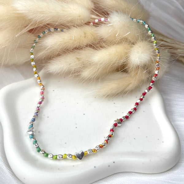 CL088 Collana argento con pepite mini e nodi in filo nautico (colore a scelta) e volendo mini cuori