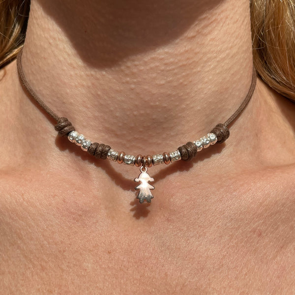 CL010 Collana con cordino cerato granelli in 2 fantasie ed elemento centrale a scelta a parte