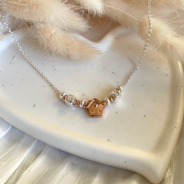 CL0146 Collana rolò in argento con rondelle, iniziali cubo e casina Family passante