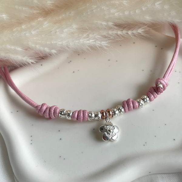 CL0174 Collana con cordino cerato con granelli e fiore pendente “grazie maestra”