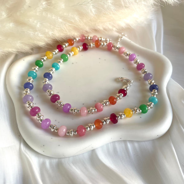 CL0185 Collana con rondelle candy arcobaleno, palline e rondelle argento