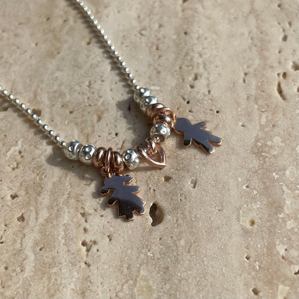 CL002 Collana due bimbi e cuore intreccio rosato