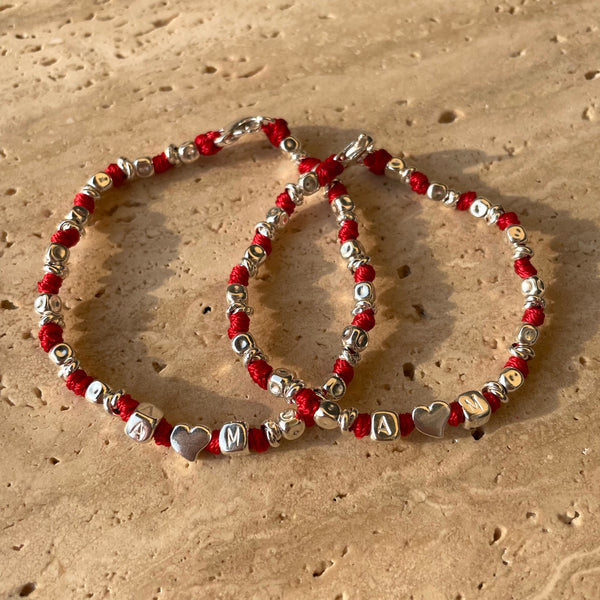 B132 Bracciale di coppia con pepite martellate medie, nodini, cuore passante e volendo inziali