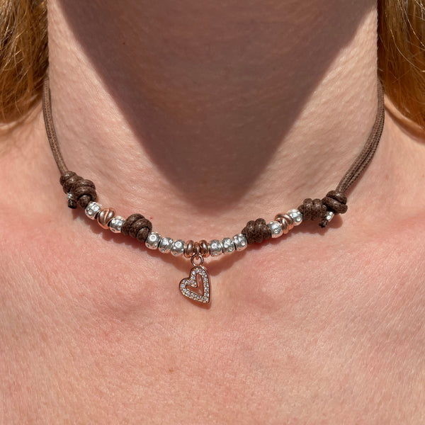 CL009 Collana con cordino cerato granelli nuovi e intrecci rosati o dorati ed elemento centrale a scelta a parte