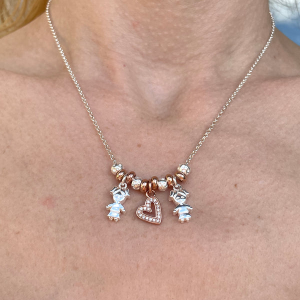 CL078 Family Necklace with Family First Pendants and Central Pink Zirconia Heart