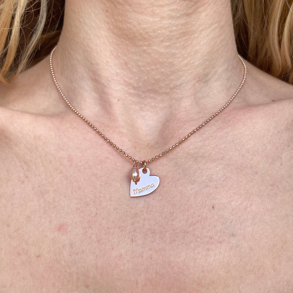 CL076 Pink heart necklace with written mom and river pearl