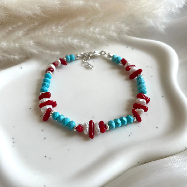 B0282 Bracciale con rondelle in aulite, corallo e perle e argento