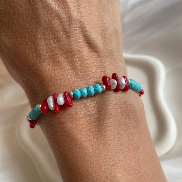 B0282 Bracciale con rondelle in aulite, corallo e perle e argento