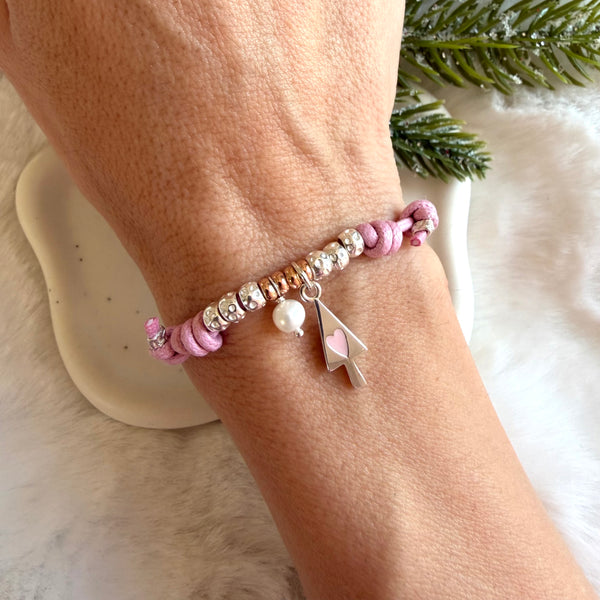 B0207 Bracciale con cordino cerato, perla e albero Christmas pink