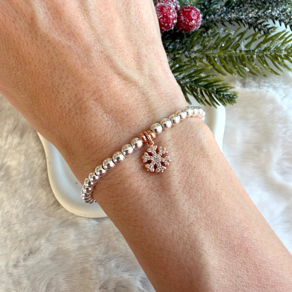 B0208 Bracciale con palline argento e fiocco di neve rosato