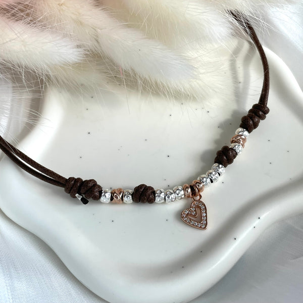 CL009 Collana con cordino cerato granelli nuovi e intrecci rosati o dorati ed elemento centrale a scelta a parte