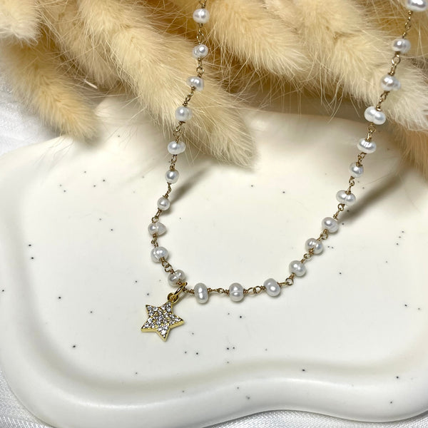 CL051 Collana rosario dorata con perle naturali e stellina