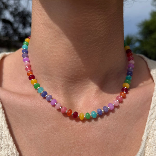 CL0183 Collana con rondelle candy arcobaleno e palline argento