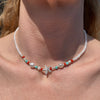 CL085 Collana di perle di fiume con stella marina, rondelle corallo e turchese.