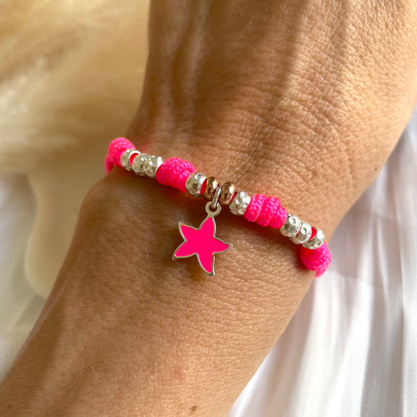 B0296 Bracciale paracord rosa fluo con stella marina smaltata abbinata