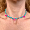 CL025 Collana argento con pietra verde amazzonite e 3 gocce di giada fuxia