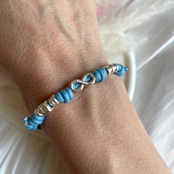 B0262 Bracciale in cordino cerato con simbolo infinto con incisione “per sempre mamma”, con o senza iniziali e rondelle