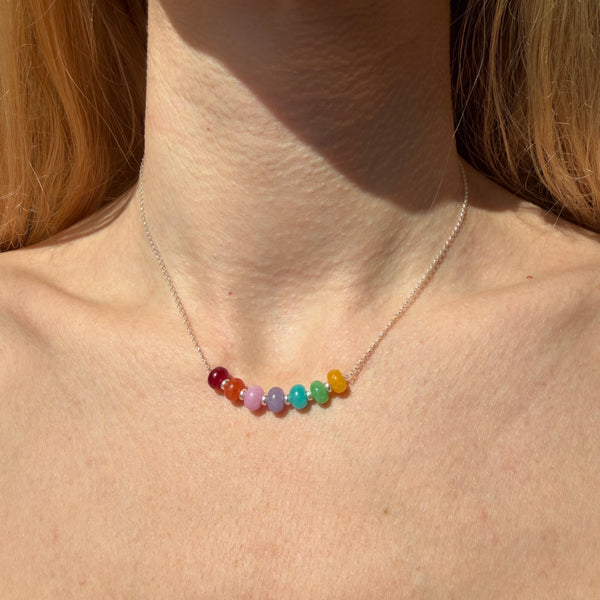 CL0164 Collana candy con maglia roló e rondelle arcobaleno e argento centrali