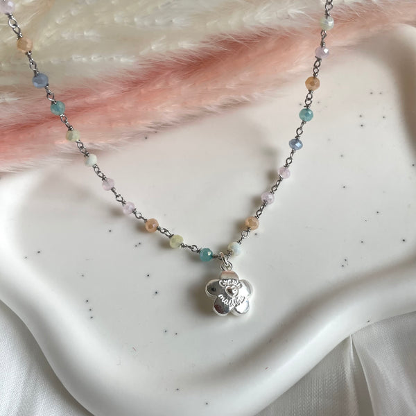 CL0175 Collana rosario colori pastello e ciondolo fiore pendente “grazie maestra”