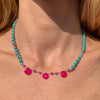 CL015 Collana argento con pietra verde amazzonite e gocce di giada fuxia