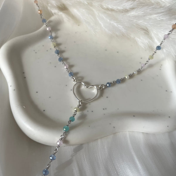 CL0165 Collana rosario con pietre multicolor pastello e cuore al centro