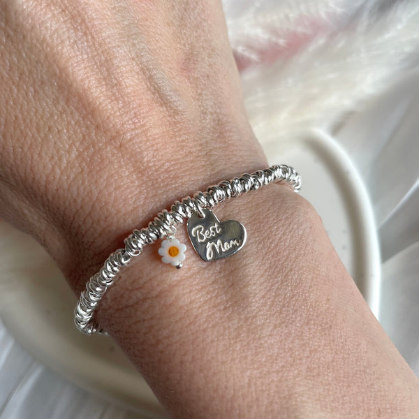 B0266 Bracciale con nodini, ciondolo cuore Best Mom e margheritina pendenti