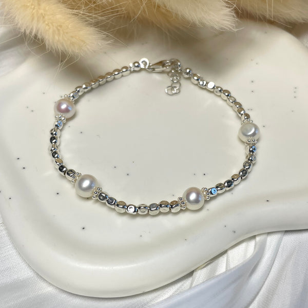 B0192 Bracciale argento con pepite mini martellate e perle di fiume a sassolino