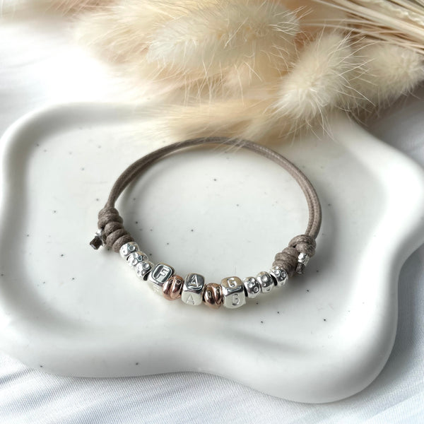 B142 Bracelet with waxed cord, new beads, initials and intertwined heart