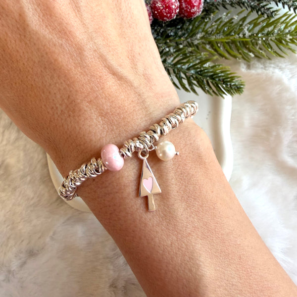B0218 Bracciale con nodini argento, perla e albero Christmas pink