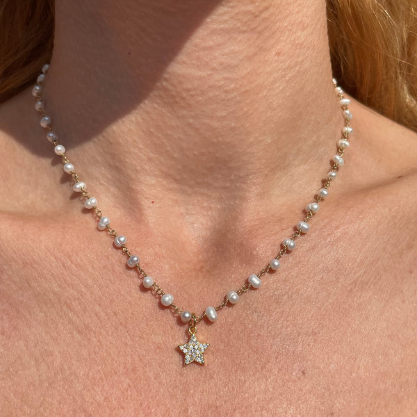 CL051 Collana rosario dorata con perle naturali e stellina
