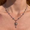 CL113 Collana rosario in argento con pietre malva e cuore sacro rosato